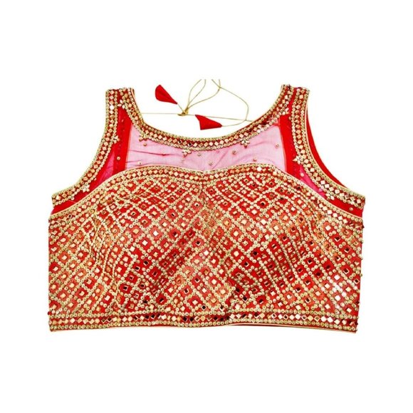 Custom designed red saree blouse with embellishments - Picture 1 of 1